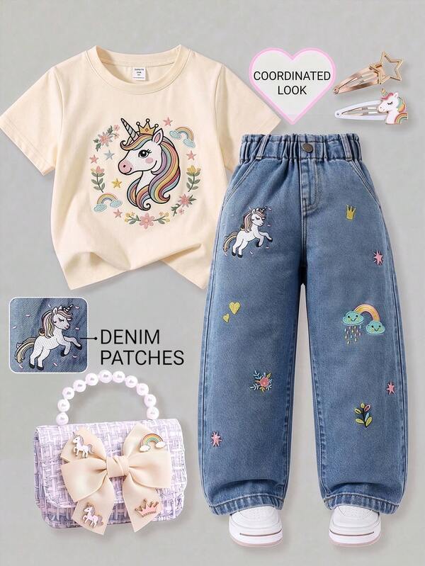 SHEIN Toddler Girls Casual Straight Leg Denim Jeans, Light Blue Washed Denim, Ruffle Elastic Waistband, Loose Fit, Fashion Street Style, Rainbow Pony Embroidery Tapered Pants, Cute Casual Autumn Back To School New Style, Versatile Daily Wear And School Long Pants