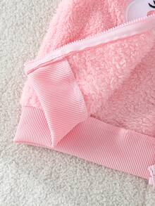 SHEIN Playful Pals Baby Girls Fluffy Pink Fleece Embroidered Hat Vest + White Sweatshirt + Pink Fuzzy Pants 3 Pieces Set - Multicolor - View 8