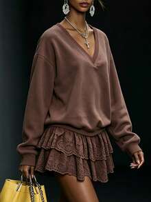 LUMIGAL Women's V-Neck Casual Versatile Daily Wear Long Sleeve Sweatshirt - Brown - View 3