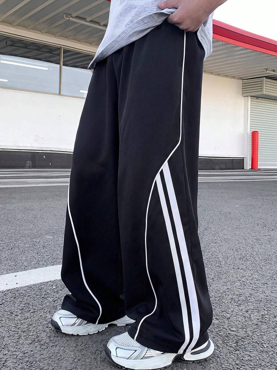 1件大童男孩休閒運動日常舒適街頭風百搭織帶直筒長褲,適合外出、日常聚會、秋冬返校穿著 - 黑色 - 查看 1