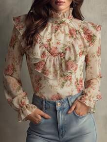 LUMIGAL Floral Chiffon Ditsy Print Ruffle Trim Stand Collar Double Layer Front & Back Flounce Patchwork Puff Bell Long Sleeve Women's Blouse - Multicolor - View 1