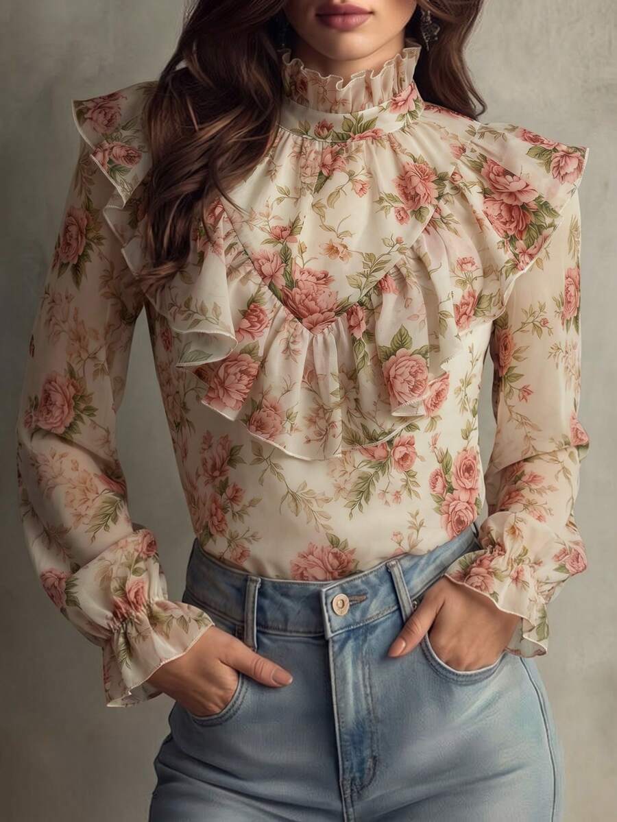 LUMIGAL Floral Chiffon Ditsy Print Ruffle Trim Stand Collar Double Layer Front & Back Flounce Patchwork Puff Bell Long Sleeve Women's Blouse - Multicolor - View 1