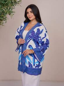 The Leen Edit Woven Printed Long Sleeve Loose Kimono Cover Up For Women,Beige,Summer,Tropical,Holiday,Vacation,Holiday,Beach,Western Wear,Spring&Summer,Boho,Rave - Blue and White - View 3