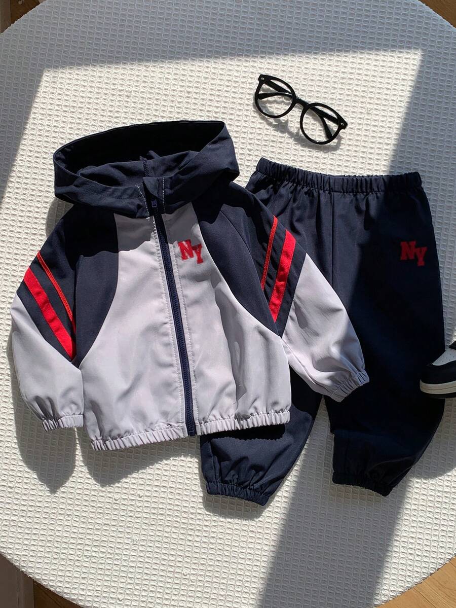 SHEIN 2件組男嬰秋冬運動可愛街頭風休閒拼色連帽衛衣與長褲套裝 - 彩色 - 查看 1
