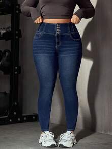 Flexra Casual Slim Fit High Waist Navy Blue Daily Stretchy Washed Comfortable Flattering Wear Plus Size Jeans For Women Formal Date Night Summer - Dark Wash - View 12