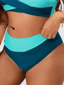 SHEIN Swim Curve 女款大尺碼多色拼接高腰極簡三角比基尼泳褲 性感優雅海灘休閒度假下裝 - 彩色 - 查看 5