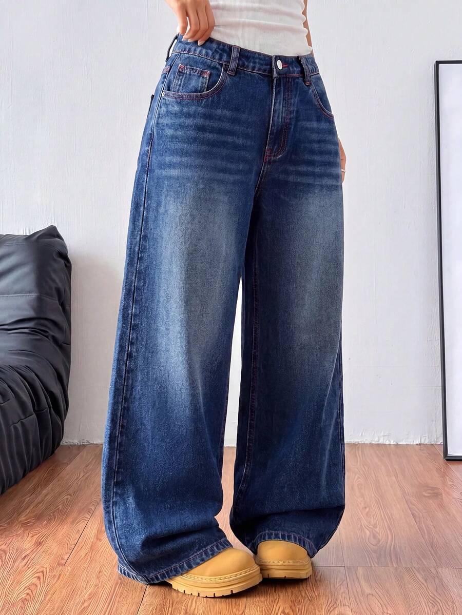 SHEIN 少女日常通勤百搭低腰水洗宽松阔腿牛仔裤 - 深色水洗藍 - 查看 1