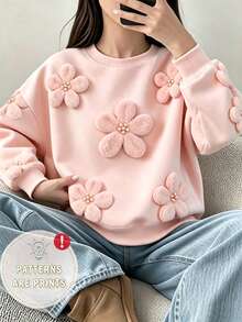 可愛粉色圓領休閒女童運動衫，3D毛絨珍珠花朵數位印花，休閒針織寬鬆花卉款，秋冬開學穿搭 - 彩色 - 查看 1