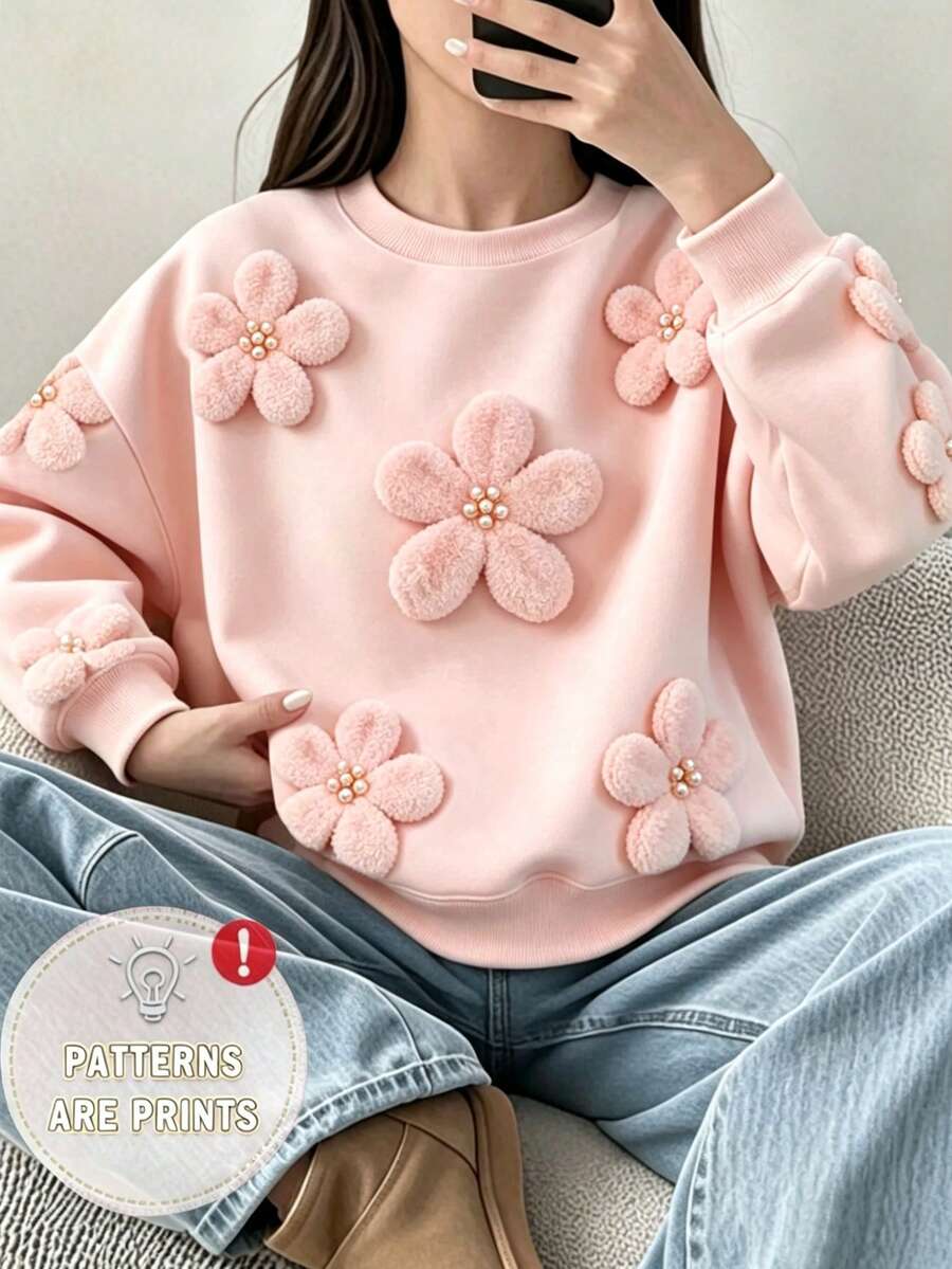 可愛粉色圓領休閒女童運動衫,3D毛絨珍珠花朵數位印花,休閒針織寬鬆花卉款,秋冬開學穿搭 - 彩色 - 查看 1