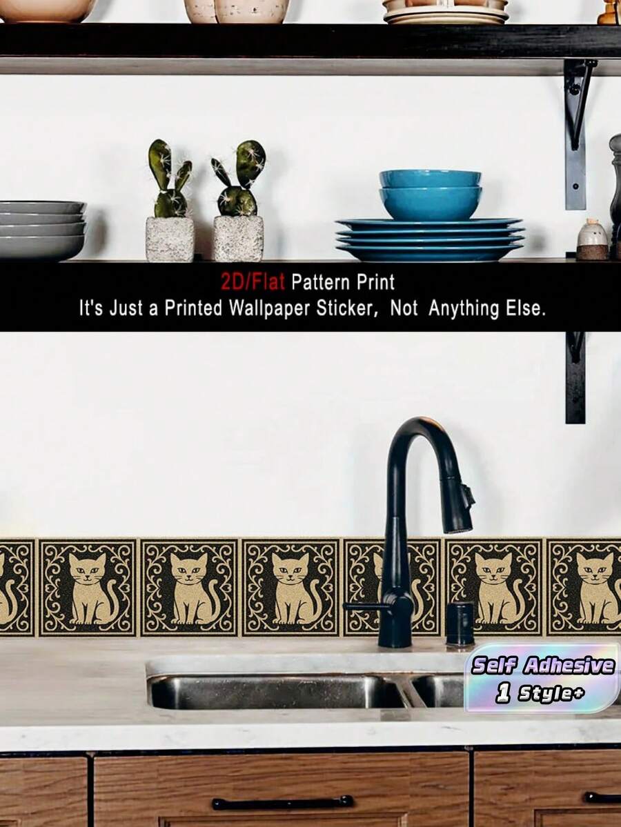 1PC PVC Self Adhesive Waterproof Removable Wallpaper Border Baseboard Trim Peel And Stick 2D Flat Gold Cat Animal Pattern Wall Mural Sticker For Kitchen Bathroom Living Room Bedroom Dining Room Party Holiday Decoration Home Decor Wall Art - multicolor - View 1