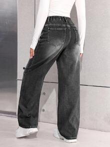 SHEIN Teen Girl Y2K Casual Basic Loose Denim Jeans, Cool Thanksgiving, Fall And Winter - Black - View 2