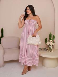 The Leen Edit Women's Strapless Halter Dress, Striped, Suitable For Vacation, Spring/Summer Elegant - Multicolor - View 1