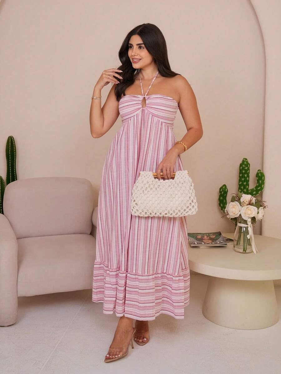 The Leen Edit Women's Strapless Halter Dress, Striped, Suitable For Vacation, Spring/Summer Elegant - Multicolor - View 1