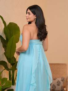 The Leen Edit Women's Light Blue Summer Casual Holiday Vacation Holiday Beach Dress,Metal Starfish Halter Tie Bow Multi-Layer Ruffle Asymmetrical Hem Long Party - Baby Blue - View 4