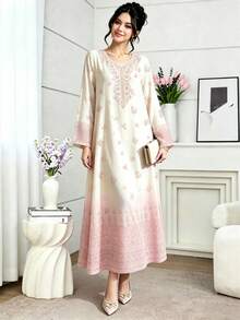 SHEIN Najma 碎花V領長袖長洋裝，優雅端莊休閒花卉漸層長洋裝，秋季時尚正式款 - 彩色 - 查看 5