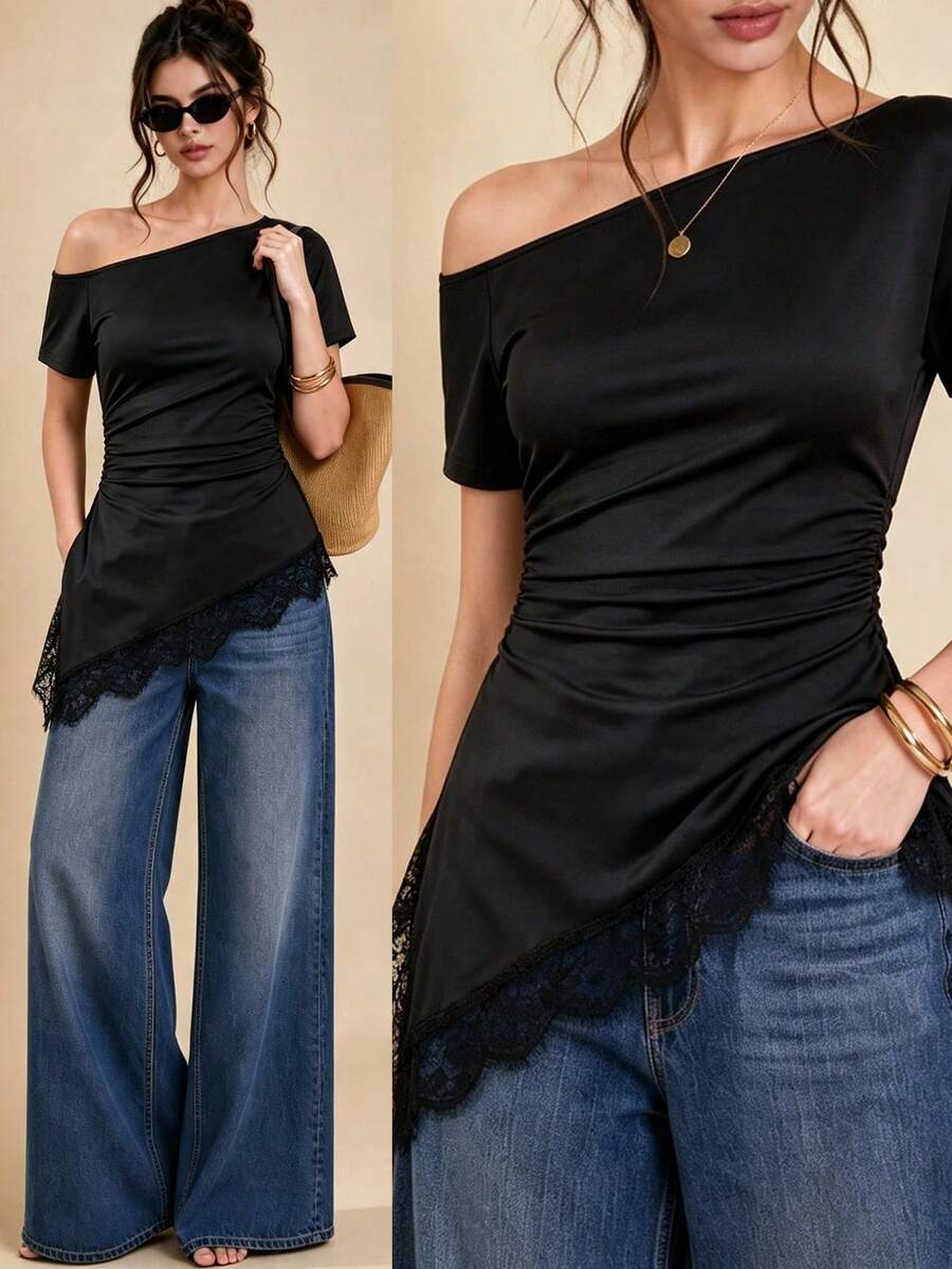 Selenza Summer New Women's Holiday Outfit Black One Shoulder Lace Patchwork Fitted Short Sleeve T-Shirt - Black - View 1