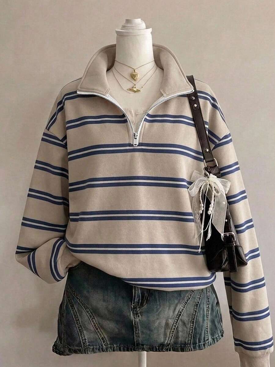 SHEIN EZwear 女款休閒半拉鍊寬鬆條紋衛衣,秋冬服飾,返校穿搭,2026秋冬,休閒Y2K通勤基本款,牛仔女孩復古風,適合外出與校園穿著 - 彩色 - 查看 1