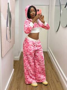 Fiercella Fiercella Women's Autumn/Winter Pink Camouflage Casual Streetwear Camouflage Pattern Cropped 2 Pieces Set,Afro Fashion Outfits Everyday Jogging - Hot Pink - View 6