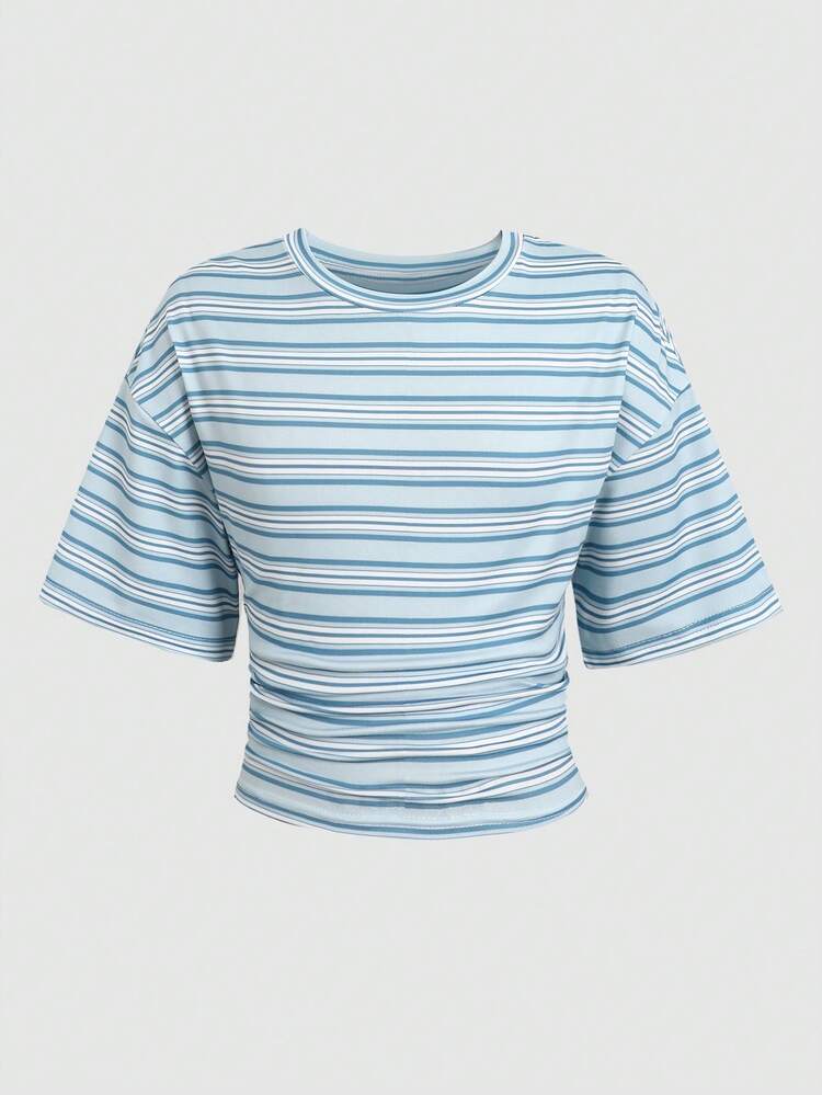SHEIN Tween Girl Summer Casual Blue Striped Waist-Cinching T-Shirt Back-To-School Top - Blue - View 2