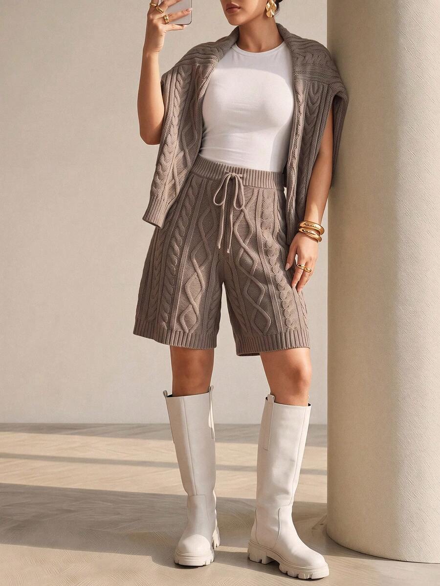 Structelle Autumn/Winter Cable Knit Sweater 2 Pieces Set - Mocha Brown - View 1