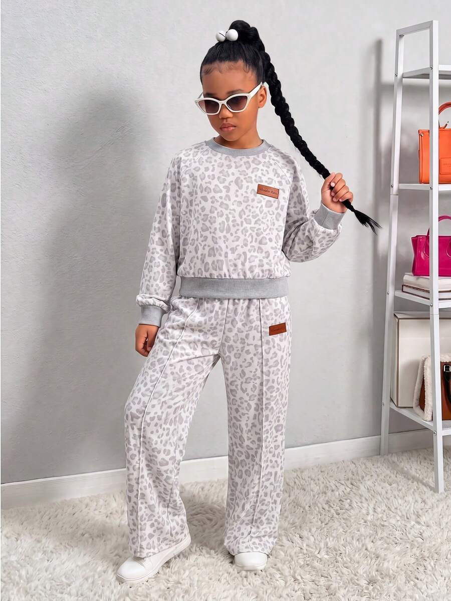 Tween Girls New Gray Round Neck Long Sleeve Top With Wide Leg Pants And Denim Decor 2-Piece Set Back To School Fall Winter - Grey - View 1
