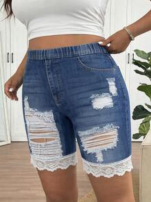 SHEIN Frenchy Mother's Day Plus Size Blue Denim Effect Contrast Lace Casual Leggings, Suitable For Summer - Blue - View 6