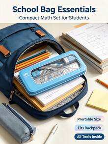 Math Geometry Drawing Tool Set With Compass, Rulers, Eraser, Pencil Sharpener And Blue Storage Box. Back‑To‑School Stationery For Student Campus Use. - Multicolor - View 3