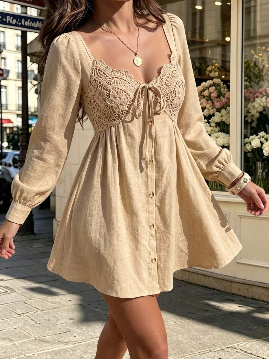 SHEIN PariChic 女款優雅蕾絲拼接鈕扣設計休閒洋裝,秋季女裝穿搭 - 卡其色 - 查看 1