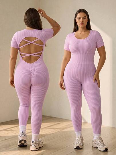 SHEIN Rhythm Era Mono de mujer talla grande a rayas sin espalda casual para uso diario, viajes y deportes