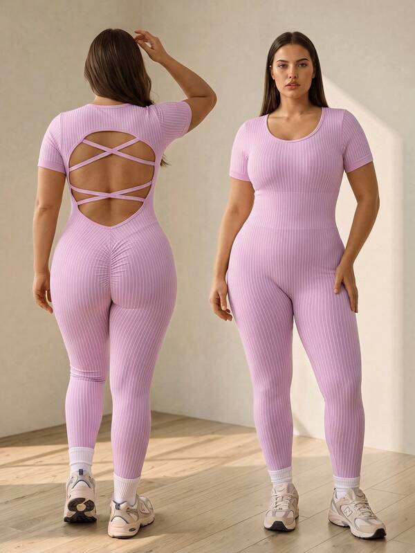 SHEIN Rhythm Era Mono de mujer talla grande a rayas sin espalda casual para uso diario, viajes y deportes