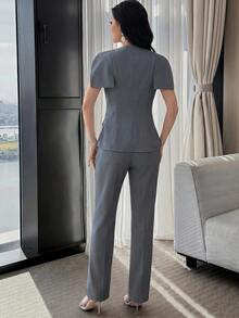 Feyla Women's Grey Blue Short Sleeve Peplum Blazer Jacket Office Siren Old Money Workwear Business Summer Fall Minimalist Casual Elegant Chic Holiday - Grey - View 2
