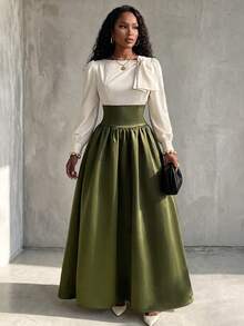 Eryvara Autumn New Patchwork Puff Sleeve Tie Neck Cinched Waist A-Line Dress, Suitable For Party, Date - Green - View 7