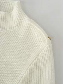 Balvessa Women's Solid Color Stand Collar Long Sleeve Shoulder Button Design Fitted Sweater - White - View 5