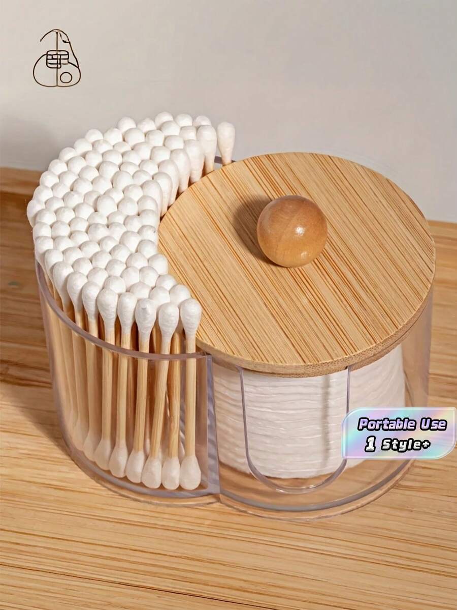1PC Standard Size Bamboo Lid 2 In 1 Round Dual Hole Cotton Pad Holder And Floss Pick Container Organizer With Clear Body For Bathroom Vanity Countertop Cosmetic Sponge Storage Dispenser Dustproof Stackable Space Saving Home Essential - A - View 1