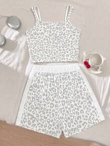Tween Girls 2pcs/Set Casual All-Match Sporty Versatile Colorblock Patchwork 2 In 1 Camisole Top And Shorts Knit Vest Mini Set, Summer, Comfortable - Grey - View 3