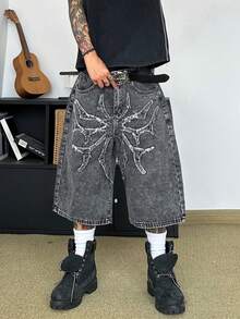 STEELVANCE Street Vintage Fashion Versatile Distressed Washed Embroidered Raw Hem Design Loose Straight Leg Wide Leg Casual Summer Denim Shorts (Belt And Accessories Not Included) - Grey - View 1