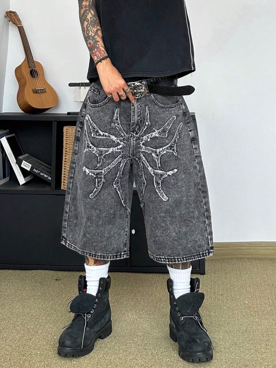 STEELVANCE Street Vintage Fashion Versatile Distressed Washed Embroidered Raw Hem Design Loose Straight Leg Wide Leg Casual Summer Denim Shorts (Belt And Accessories Not Included) - Grey - View 1