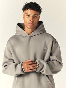 SUMWON Oversized Pullover Hoodie With Embroidered Logo Chest Detail Single Centre Pocket Ribbed Cuffs Hem Fall Winter Essential - Light Grey - View 5