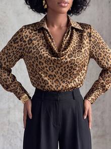 Eryvara Women's Fashion Cowl Neck Leopard Print Long Sleeve Collared Slim Fit Blouse, Suitable For Casual, Commuting, Dating, Daily Wear - Brown - View 7