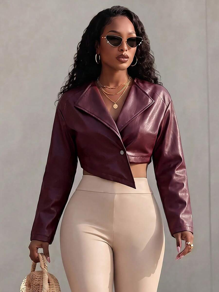 Eryvara Women's New Fashion Waist-Cinching Cropped PU Leather Jacket In Burgundy, Street Motorcycle Biker Style, Leather Button Design With Asymmetrical Cross Lapel Long Sleeve Jacket, All-Season Essential Outfit - Burgundy - View 1