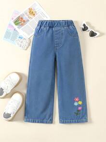 SHEIN Vintaside Kids 女童休闲牛仔裤，轻薄牛仔布，松紧腰带，彩色花卉刺绣，宽松直筒裤型，柔软棉质面料，适合日常穿着、外出、上学、春夏穿着。 - 中等水洗藍 - 查看 2