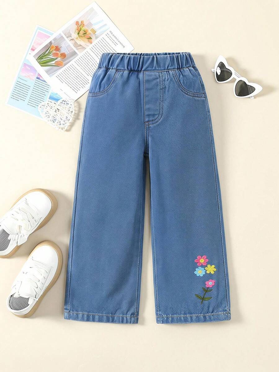 SHEIN Vintaside Kids 女童休闲牛仔裤，轻薄牛仔布，松紧腰带，彩色花卉刺绣，宽松直筒裤型，柔软棉质面料，适合日常穿着、外出、上学、春夏穿着。