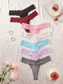 SHEIN 7件組蕾絲拼接低腰女款丁字褲內褲套裝 - 彩色 - 查看 1