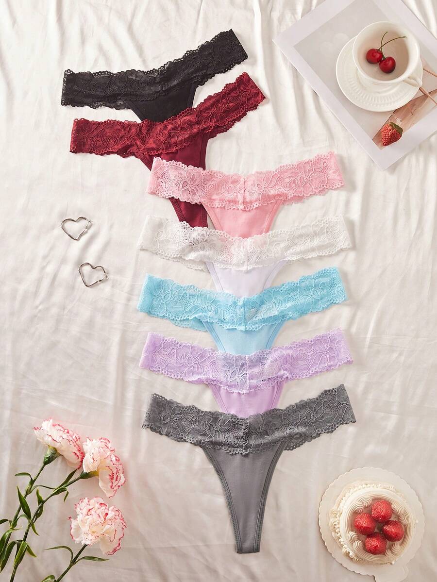 SHEIN 7件組蕾絲拼接低腰女款丁字褲內褲套裝 - 彩色 - 查看 1