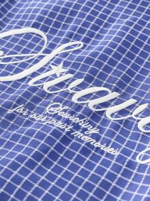 SWAVVY Men's Plaid & Letter Print Single-Breasted 2 In 1 Shirt - Blue - View 6