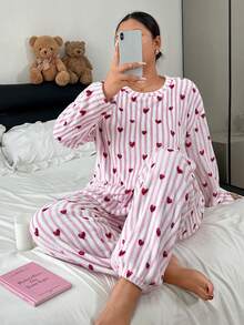 Napfluff CURVE Napfluff CURVE Cute Striped Heart Print Plush Loungewear 2 Pieces Set, Plus Size Pajamas For Autumn/Winter - Pink - View 1