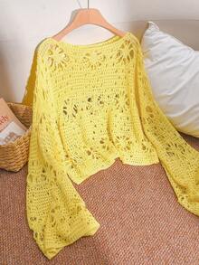 CosyJoli Plus Size Women Solid Color Crew Neck Hollow Out Long Sleeve Loose Pullover Sweater Fall - Yellow - View 1
