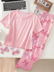 1 Set Teen Girls Pajamas, Minimalist Pink Base Bow Print Contrast Color Trim Short Sleeve & Long Pants Casual Sleepwear Set - Multicolor - View 2