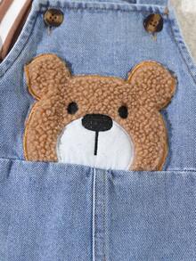SHEIN Playful Pals 2-Piece Set Baby Boy Spring/Summer Brown White Denim Blue Colorblock Cute Teddy Bear Patchwork Overall Shorts And Striped Crew Neck Short Sleeve Top Outfit, Loose Straight Fit, Suitable For Daily Wear, Outdoor Strolling, First Birthday Photos, Family Gatherings, Short Trips - Brown - View 7