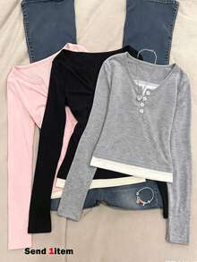 SHEIN Sparklyn Tween Girl Fall Tops Fall Button Half-Placket 2 In 1 Long Sleeve T-Shirt, Holiday Outfits, Casual, Comfortable - Grey - View 1